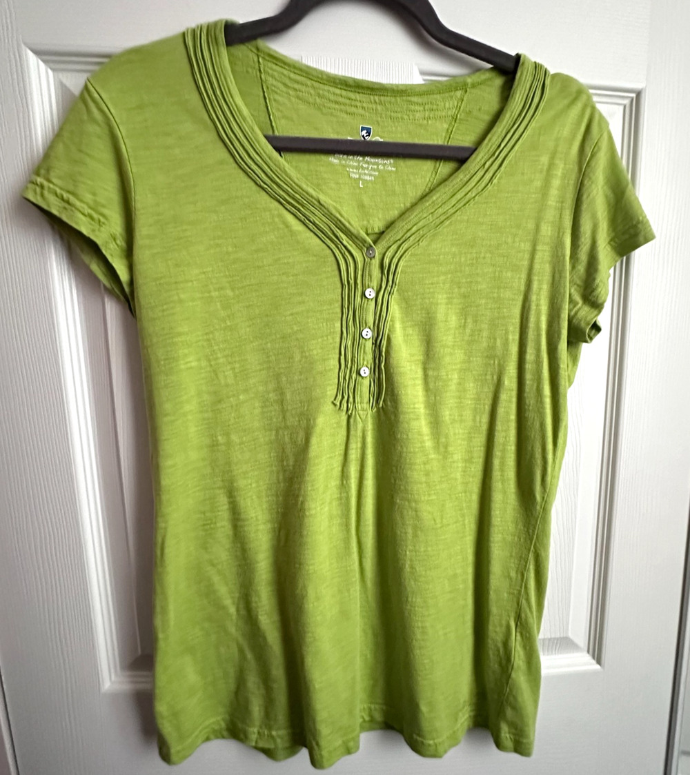 Kuhl Womens LG Green Vega Henley Short Sleeve Slub Knit Organic Cotton T-shirt